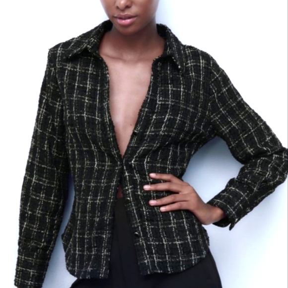 Zara Fitted Structured Black Plaid Shirt Tweed M medium NWT - Picture 4 of 10